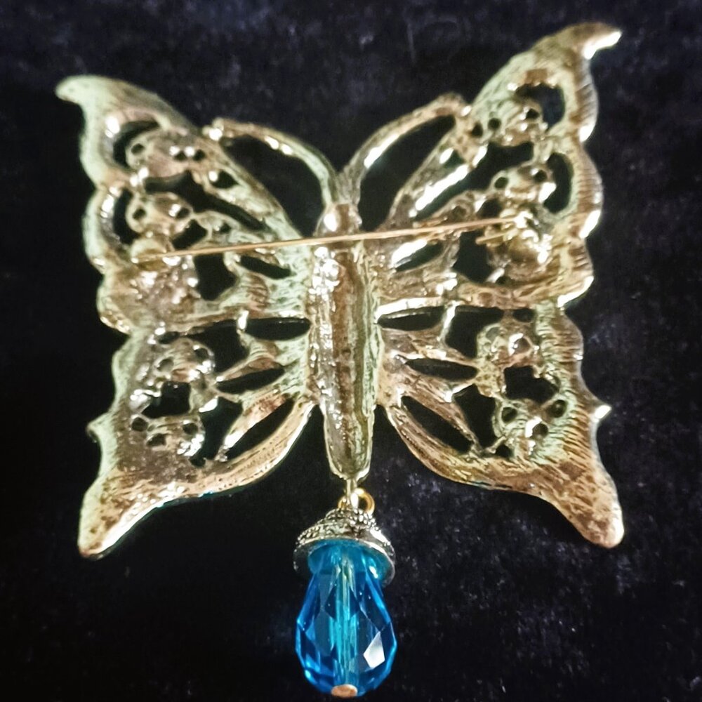Large Golden Butterfly Brooch - Multi Colored Rhinestones - Picture 2 of 4